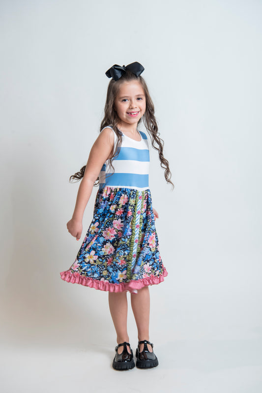 Pink and Blue Wide Stripe Floral Ruffle Dress