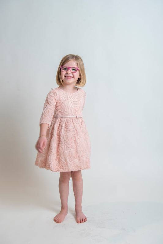 Child - 3/4 Sleeve Rosette Mesh with Satin Dress