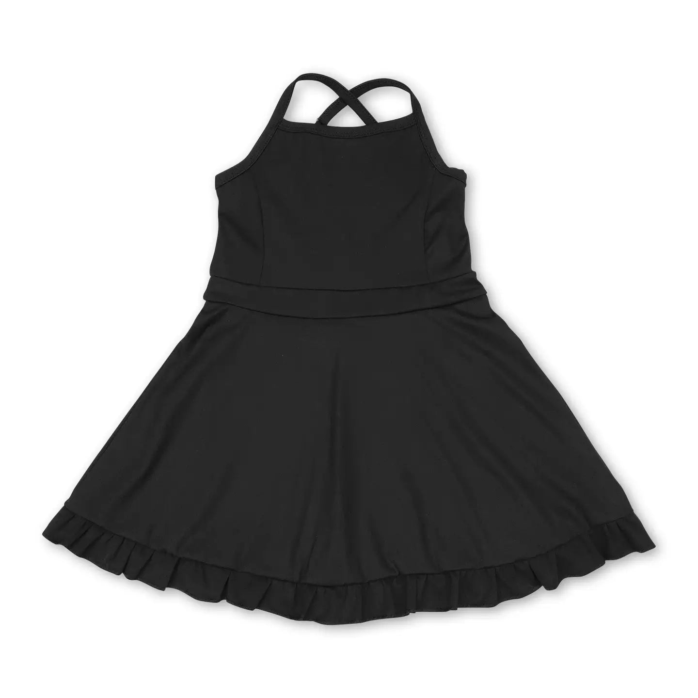 black spandex athletic dress with spaghetti straps and built in shorts