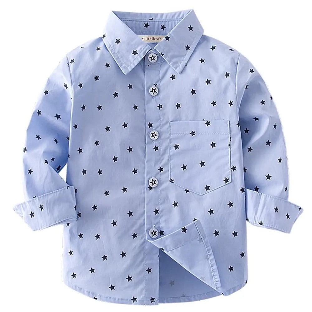 boys light blue long sleeve button up shirt with navy blue stars all over and buttons that feature stars on them
