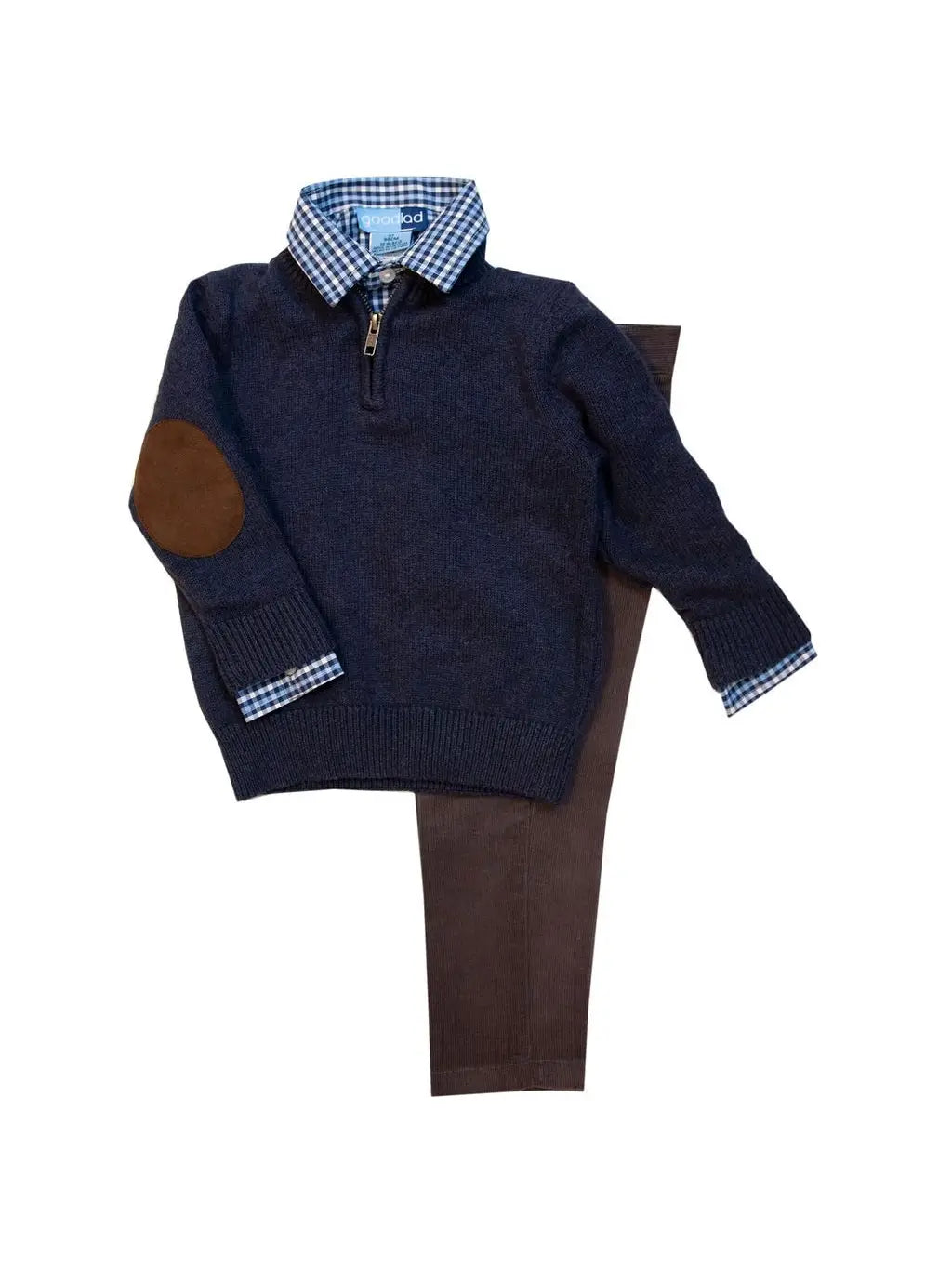 Boys three piece outfit with grey corduroy pants, plaid blue long sleeve button up shirt, and blue half zip sweater