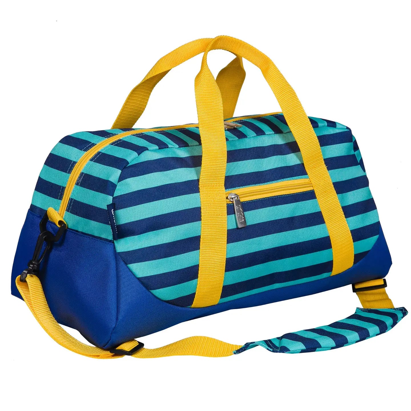 Kids overnight duffel bag with teal and blue stripes and yellow handles