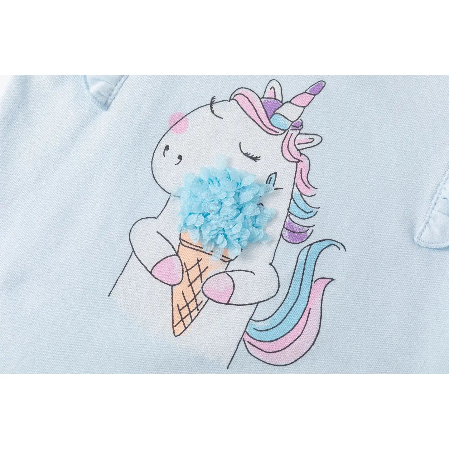blue shirt for baby girl with delicate unicorn graphic and texture details
