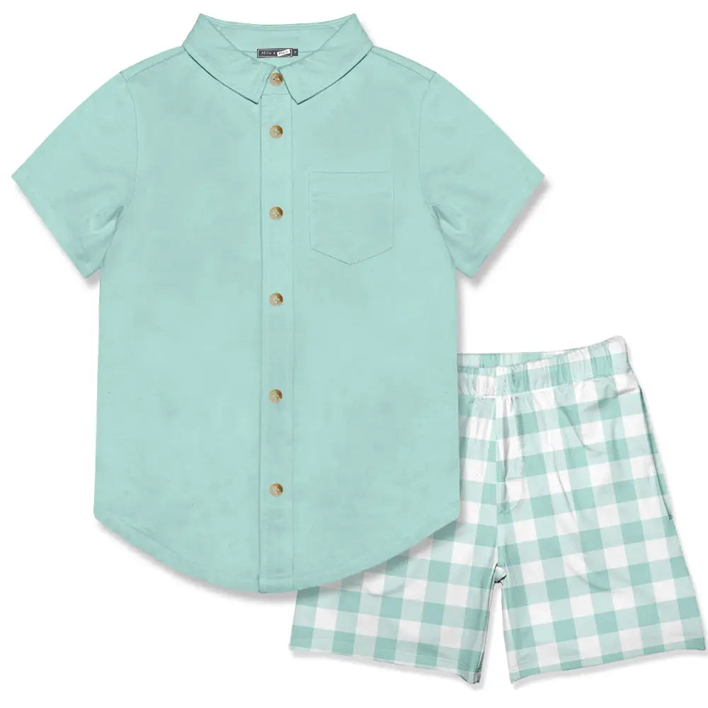 teal short sleeve button up boys shirt set with teal and white checked shorts