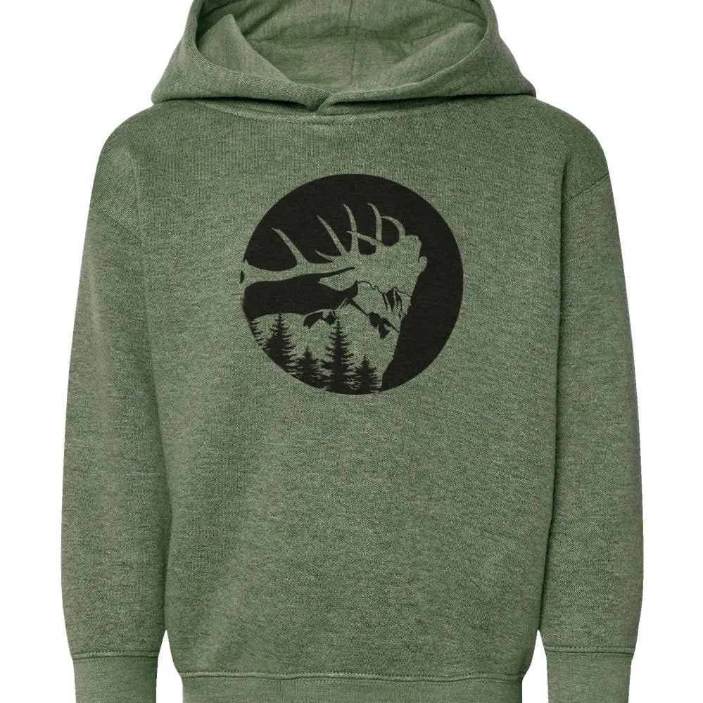 Olive green hoodie with elk and mountains on it