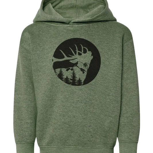 Olive green hoodie with elk and mountains on it