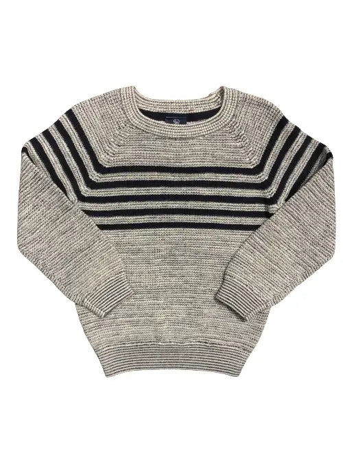 boys grey pullover sweater with navy stripes across the chest