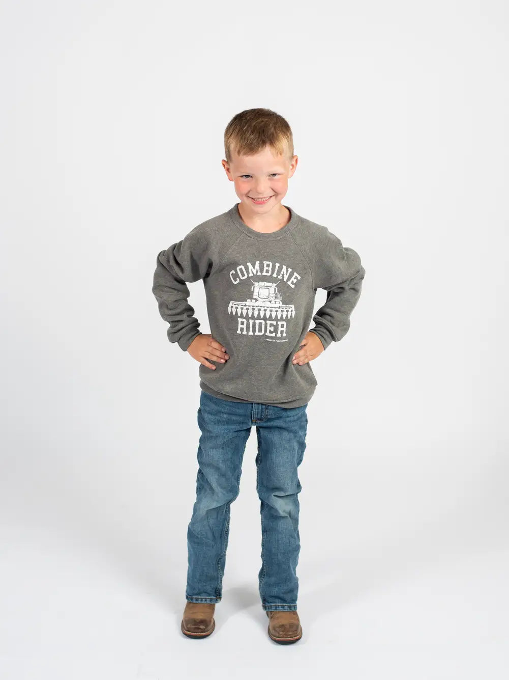 grey sweatshirt with a combine graphic