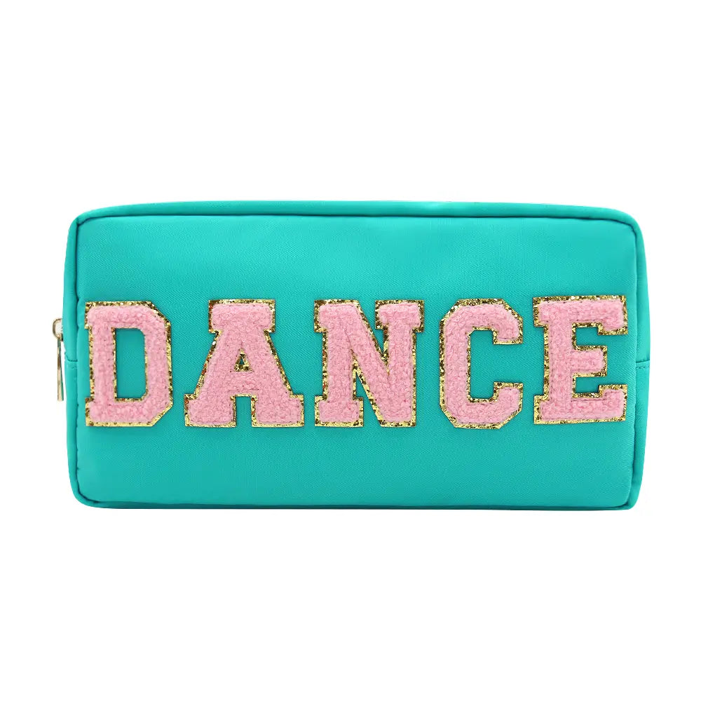 Dance teal cosmetic toiletry bag with pink puff letters