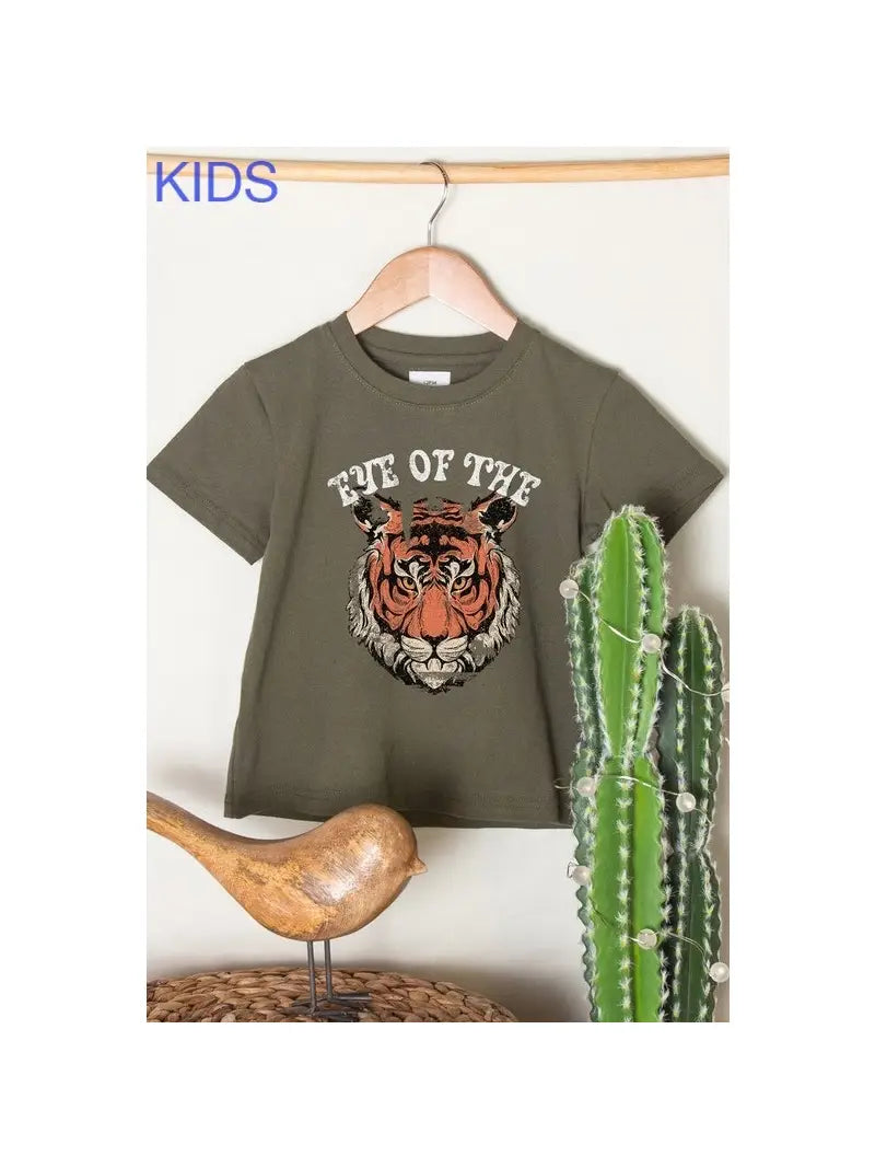 tween girl olive green graphic crop top t-shirt with tiger on it