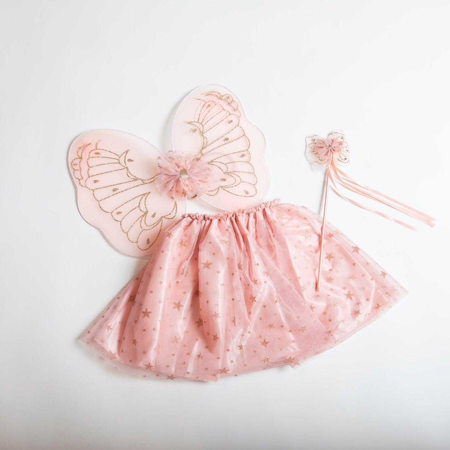 girls fairy costume with pink and gold tutu, wings and wand
