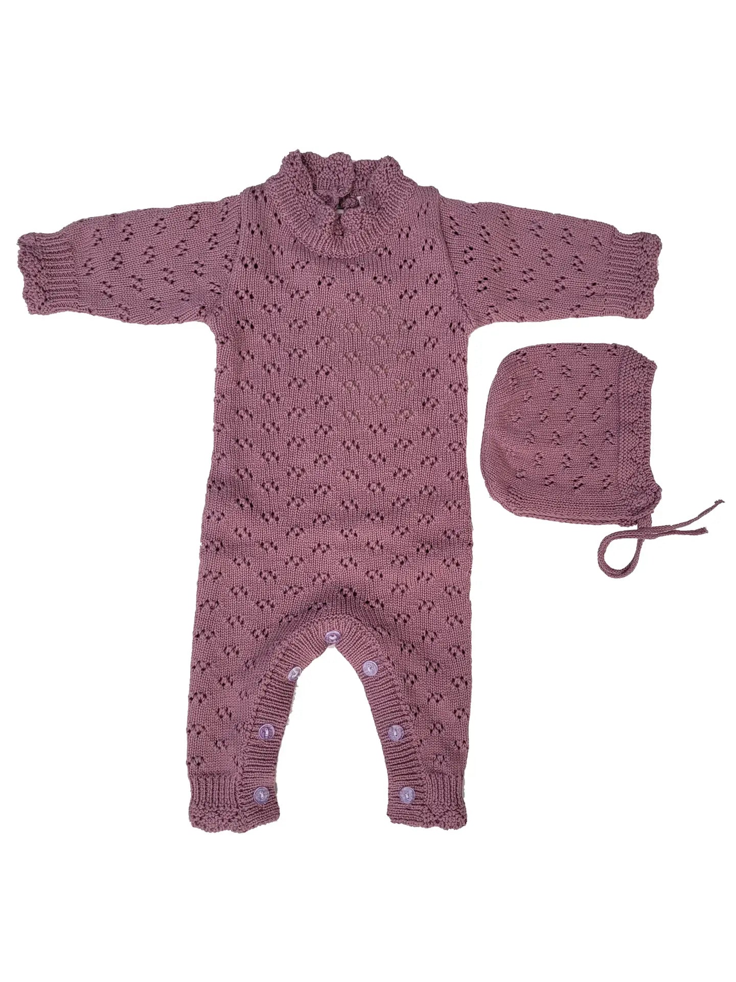 baby girl purple knit one piece outfit with bonnet