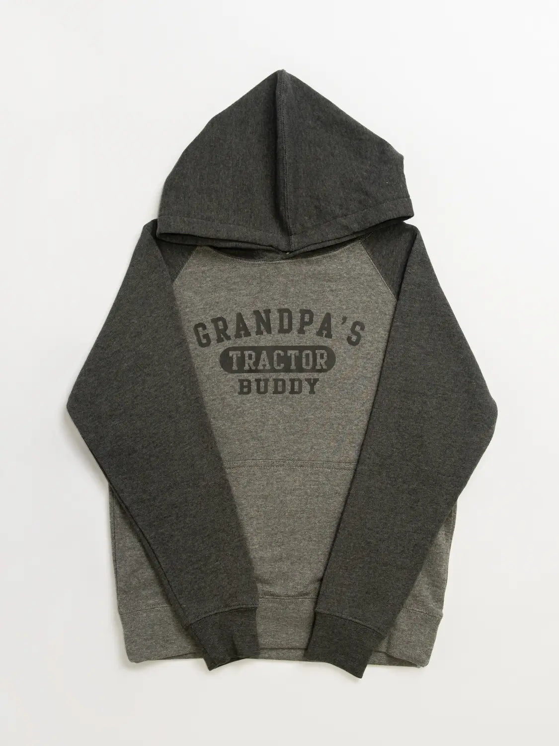 two tone grey hoodie for boys with graphic that says "Grandpa's Tractor Buddy"
