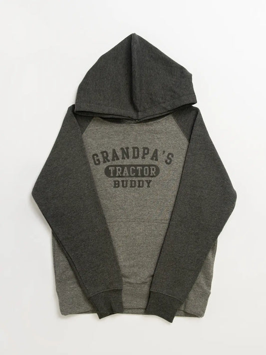 two tone grey hoodie for boys with graphic that says "Grandpa's Tractor Buddy"