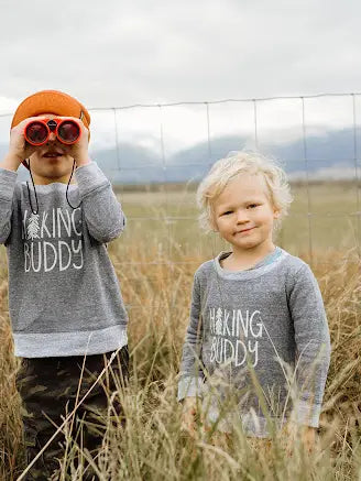 kids two tone grey lightweight sweatshirt with hiking buddy graphic