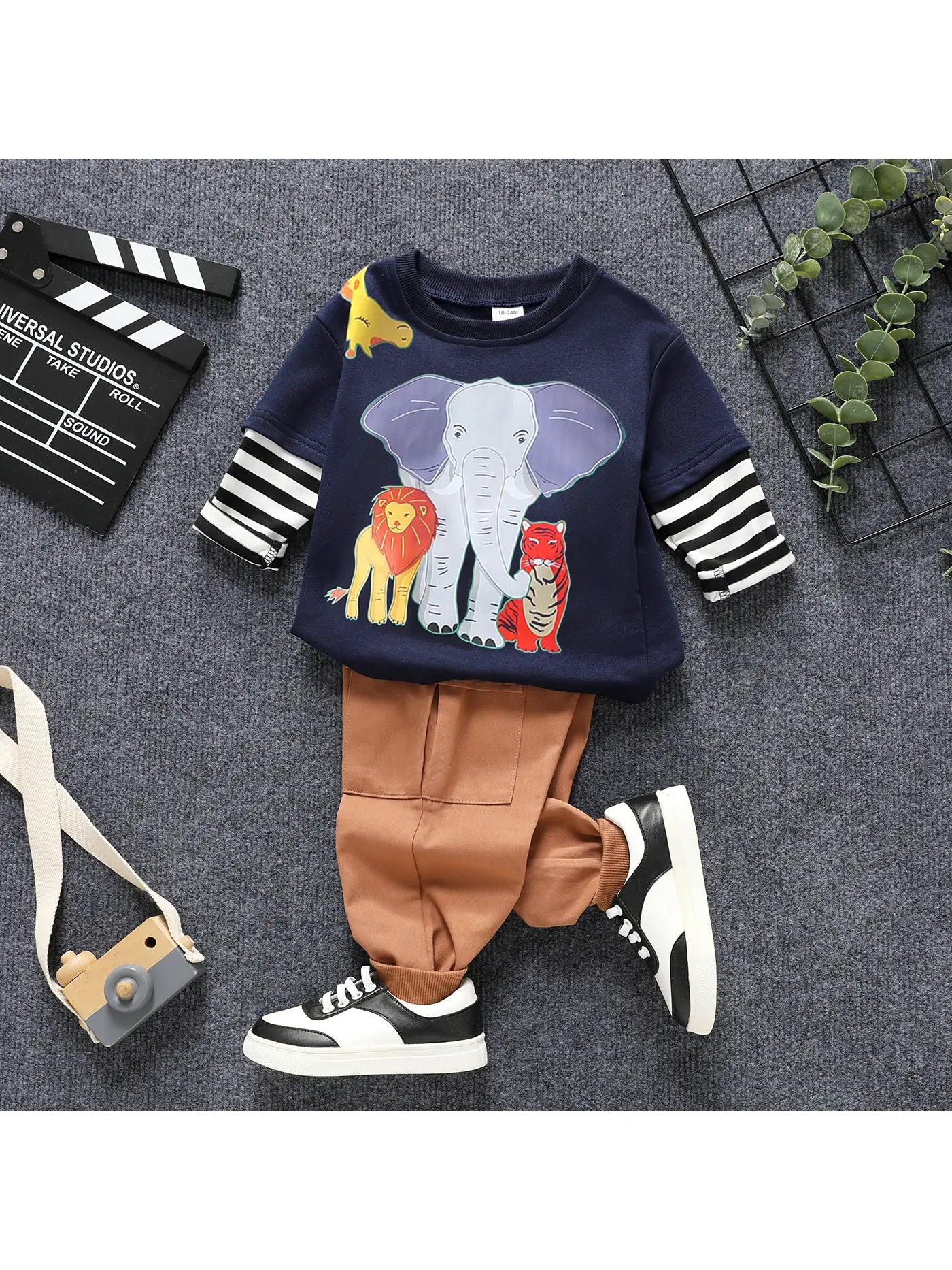 boys casual set with long sleeve blue shirt with zoo animal graphics and lightweight brown pants