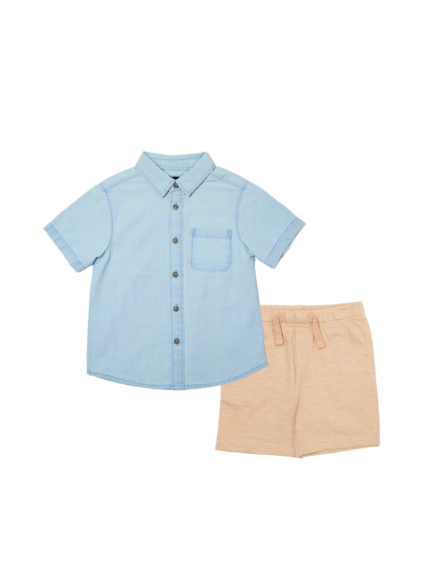 boys blue cotton button up shirt and light brown soft knit shorts set