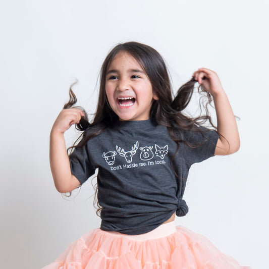 kids grey t-shirt with cute woodland animal graphic with saying "Don't hassle me, I'm local"