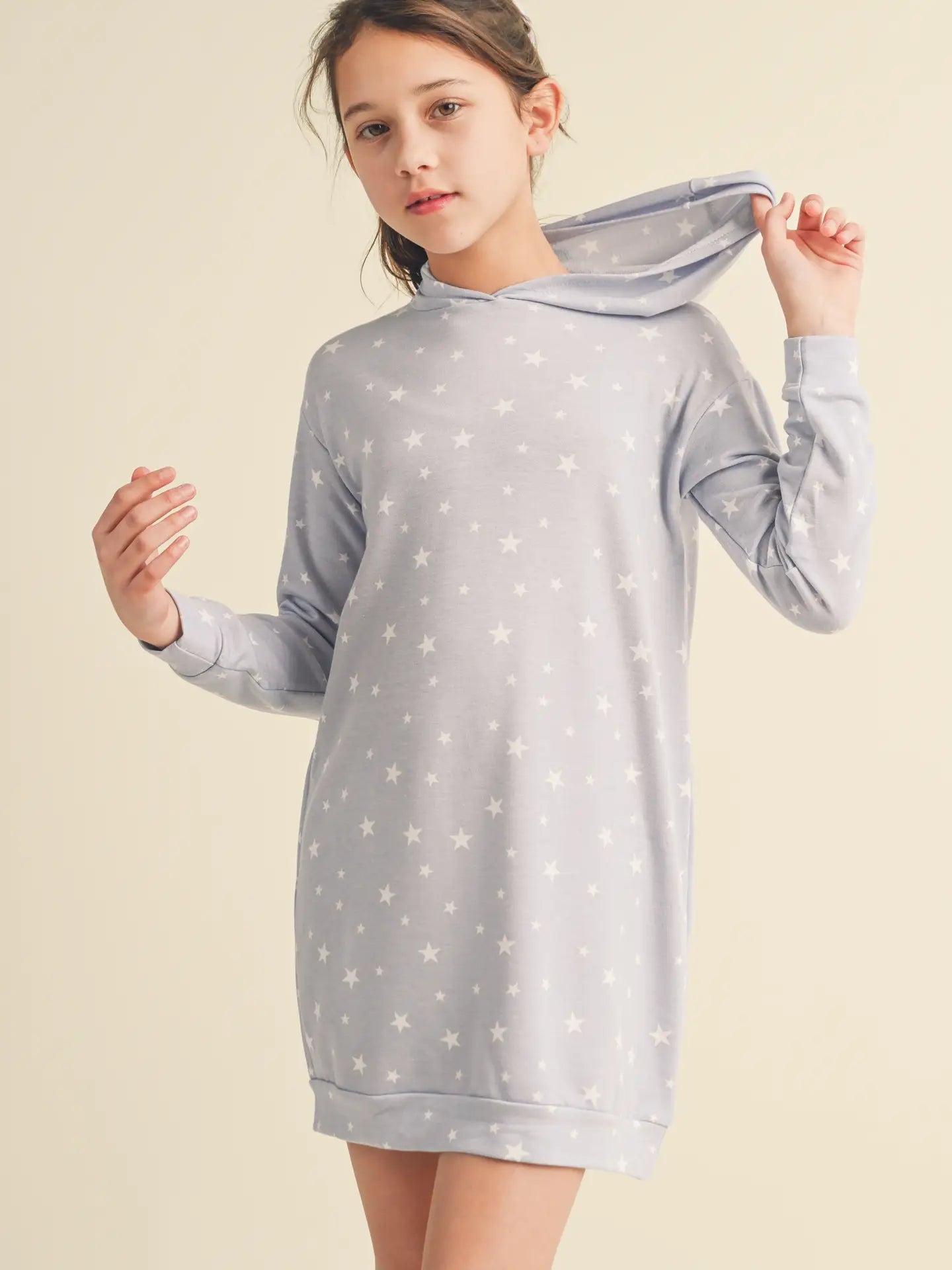 super soft long sleeve hooded dress with stars on it