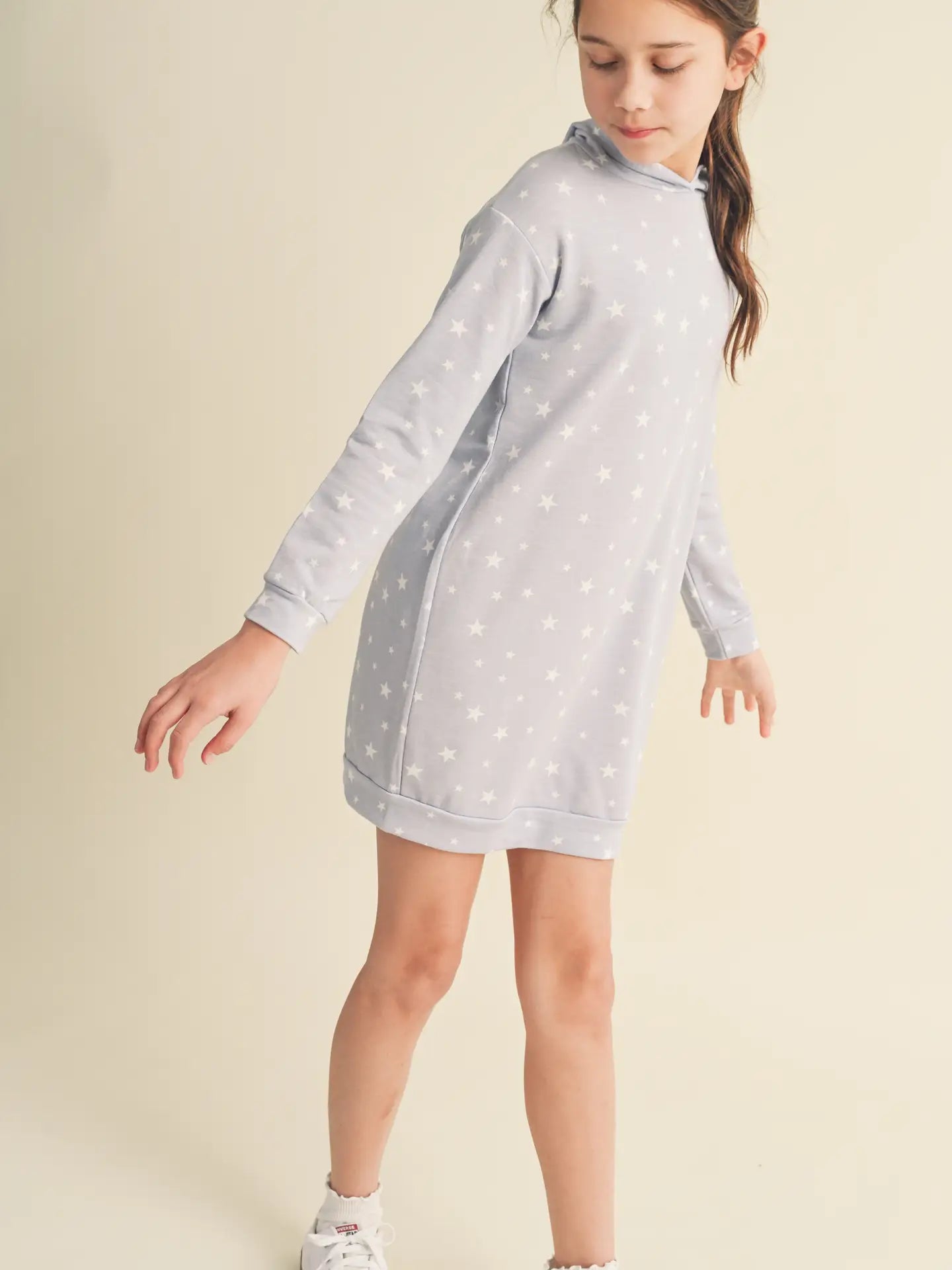 light blue long sleeve hooded dress with white stars