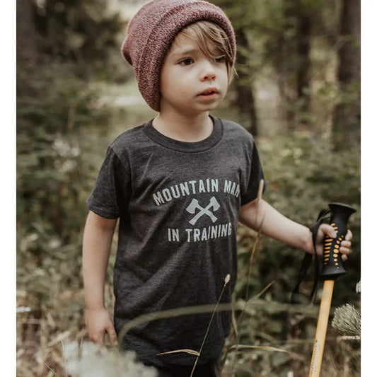 dark grey mountain man in training t-shirt for boys