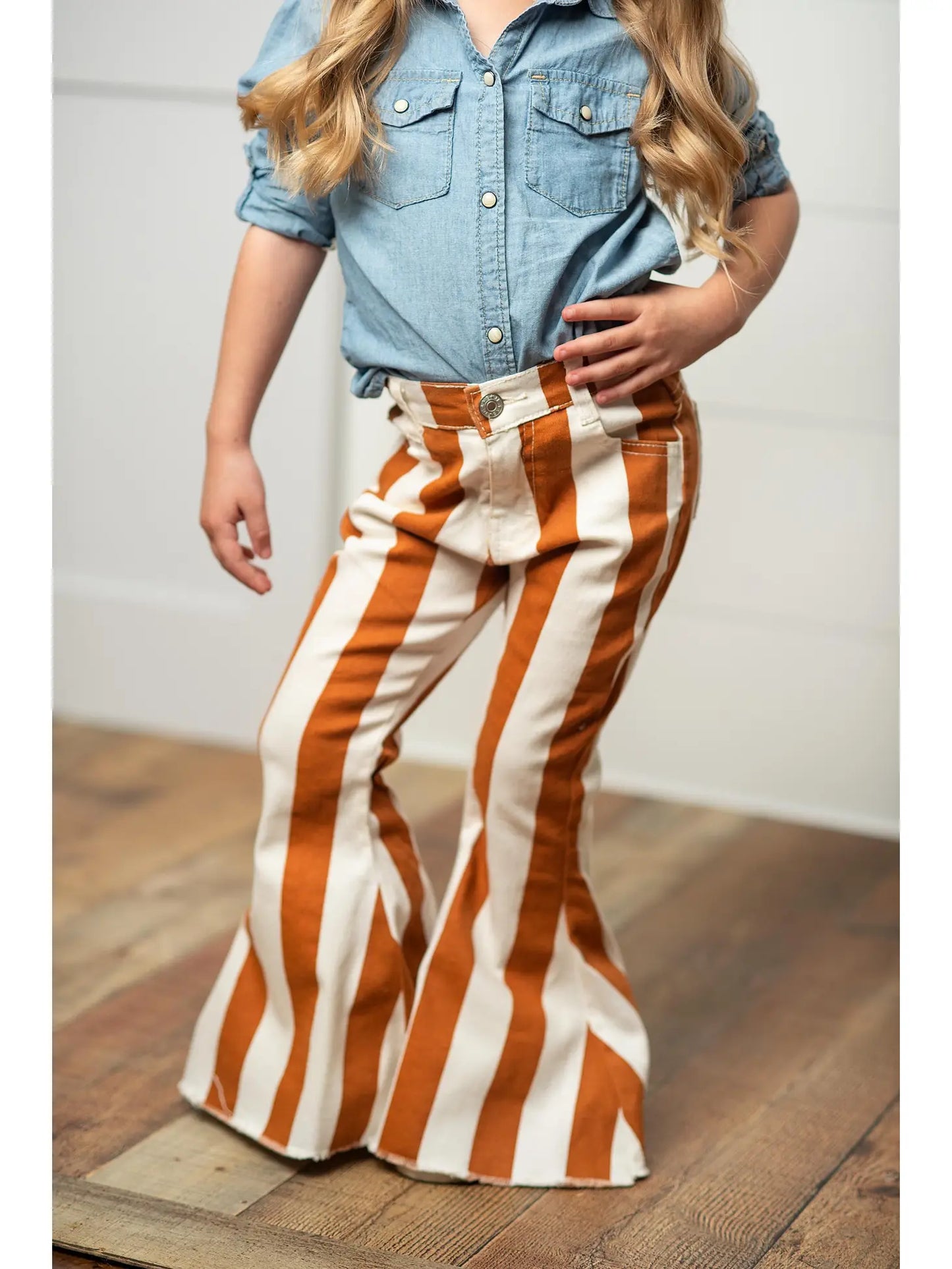 girls white and brown stripe bell bottom jeans