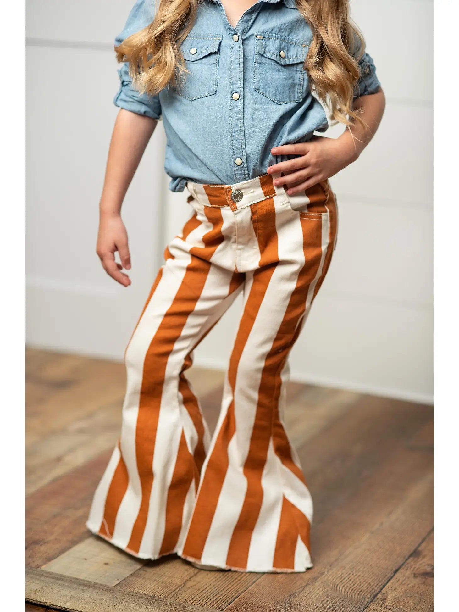 girls white and brown stripe bell bottom jeans