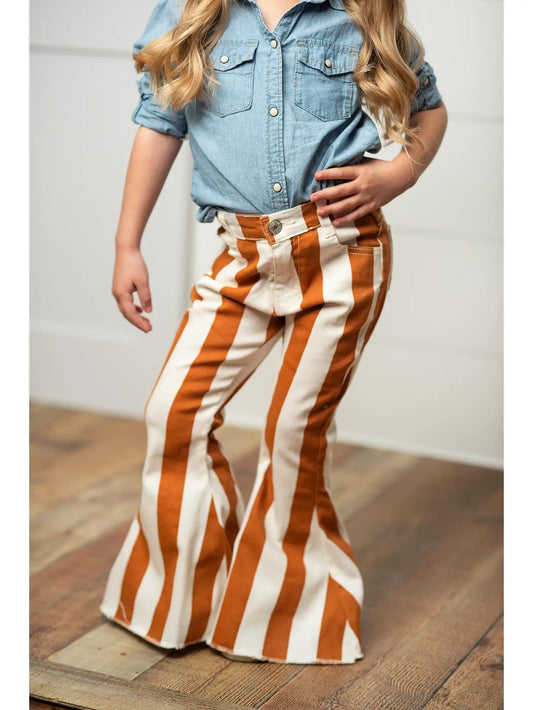 girls white and brown stripe bell bottom jeans