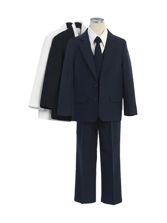 Boys 5 piece navy dress suite with jacket, pants, vest, tie and white button up shirt