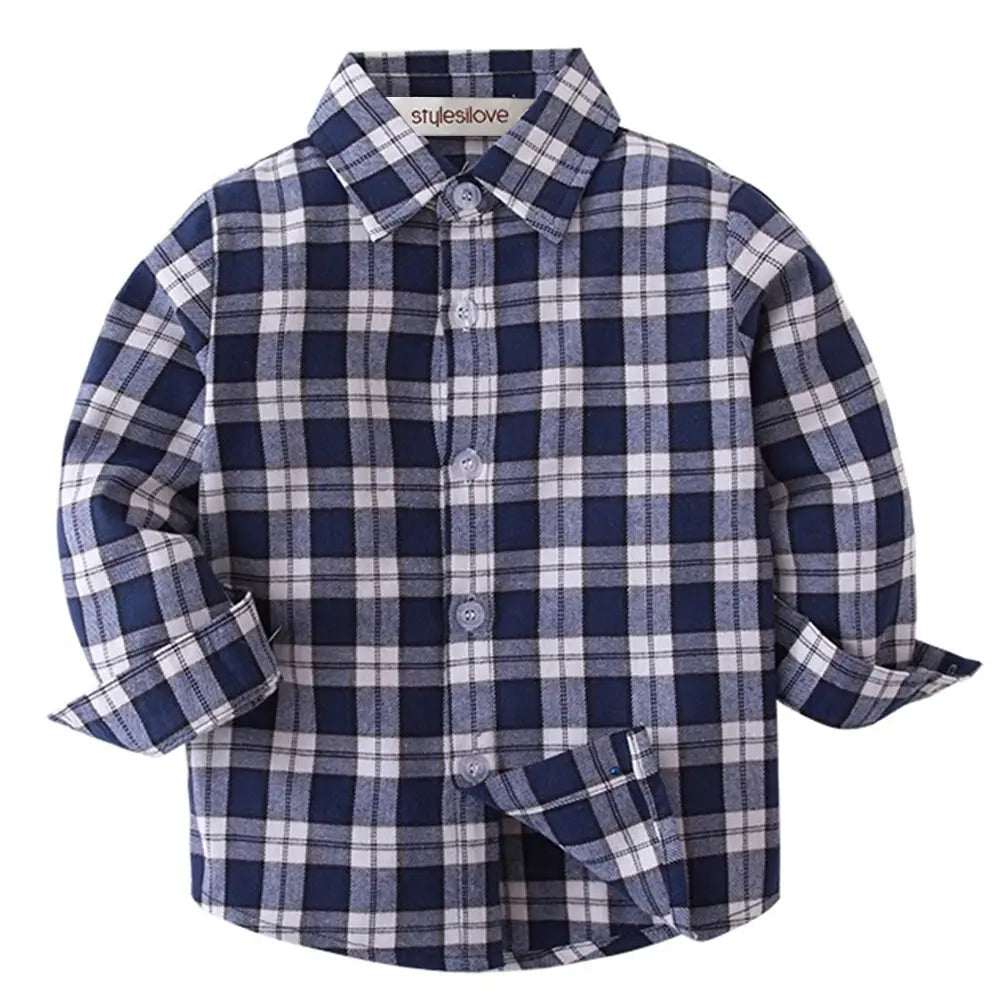 little boys blue and white plaid button up collar dress shirt