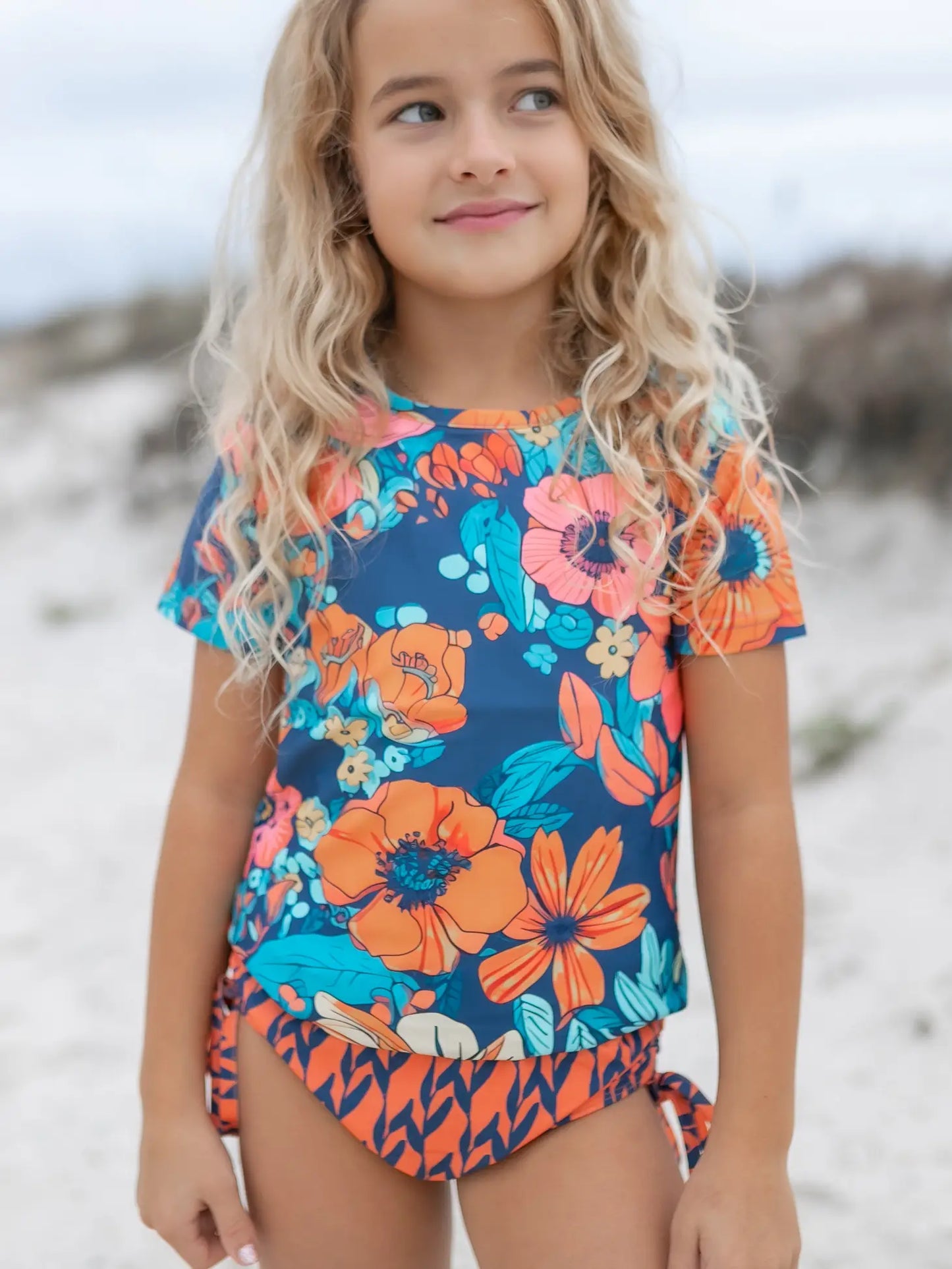 Navy and Orange Floral Short Sleeve Rash Guard Swimsuit