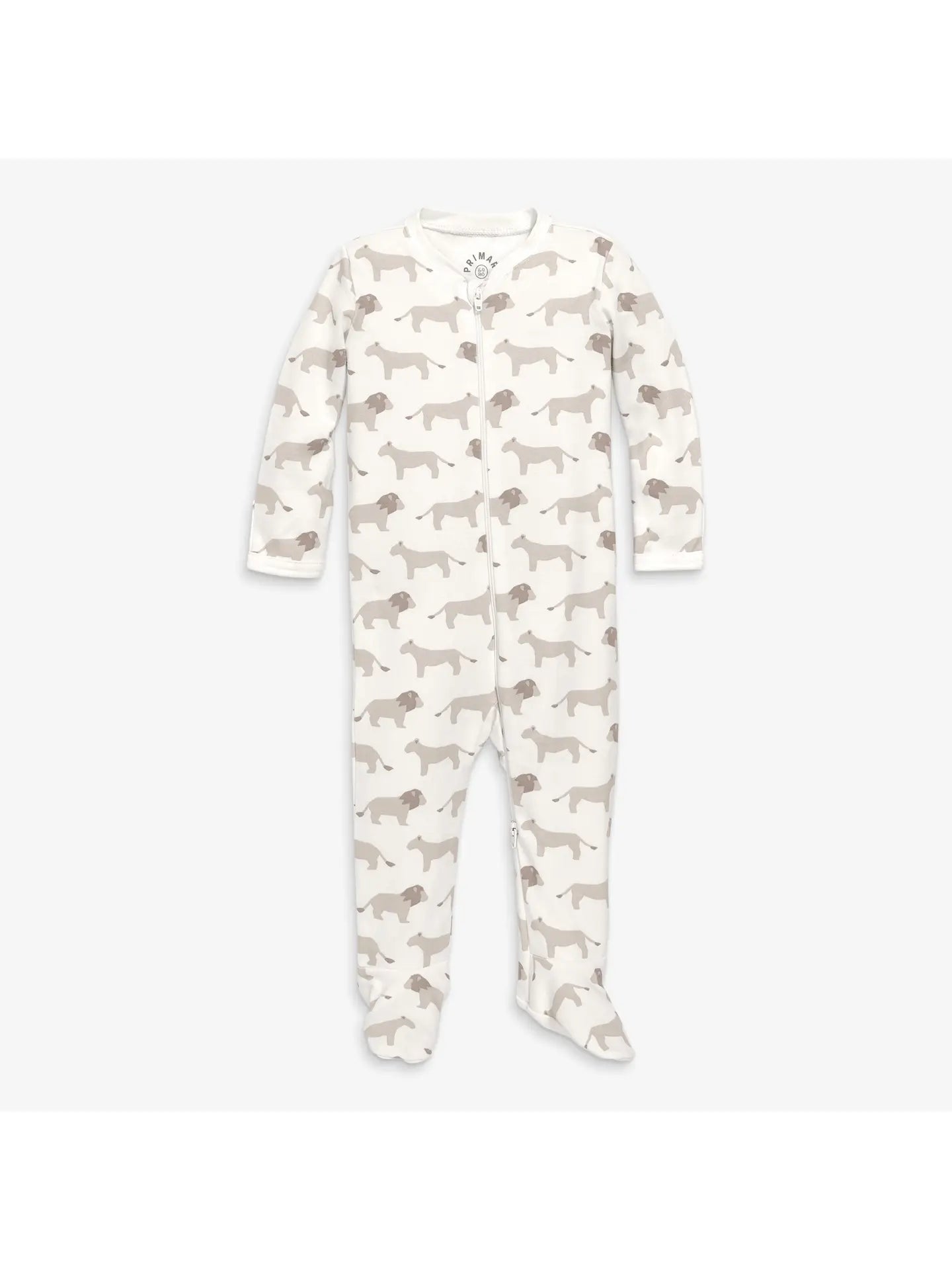 organic cotton baby sleep pajamas with light brown lions on it