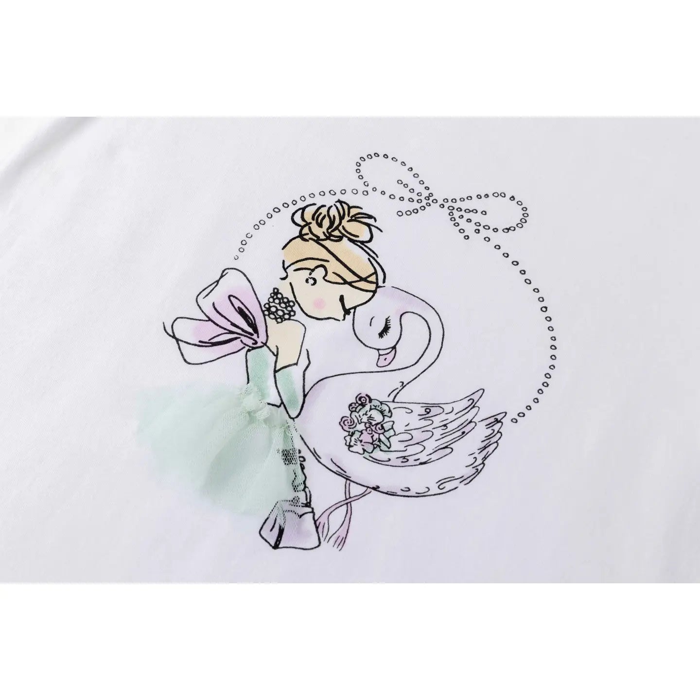 stunning and delicate graphic detail of swan and ballerina on a girls dressy t-shirt.