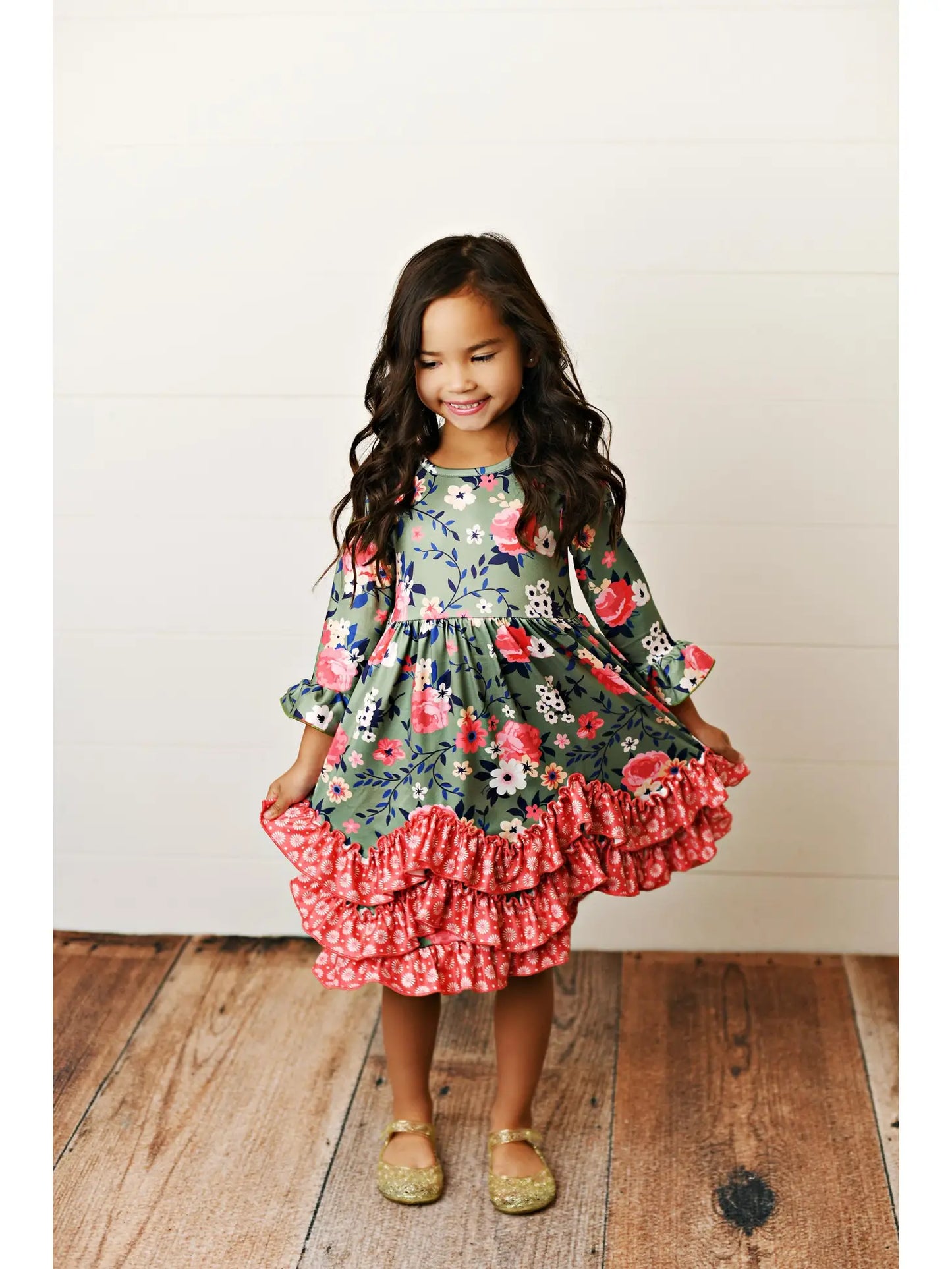 girls long sleeve green floral dress with coral ruffles