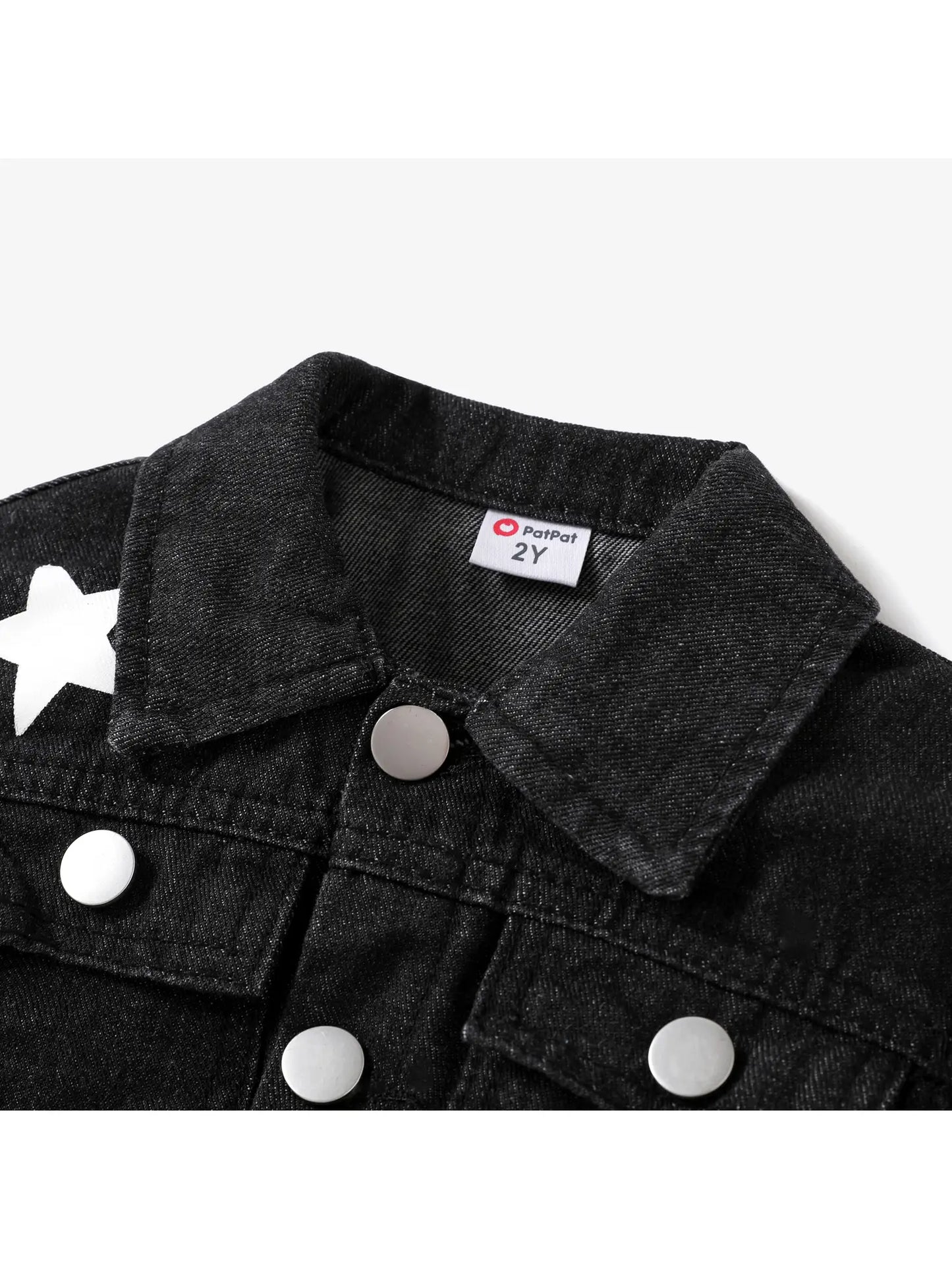 collar and button details on black denim jacket for kids