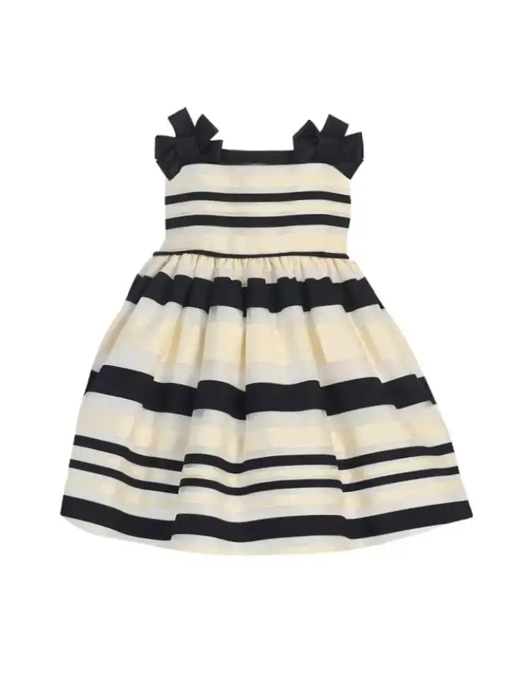 baby girls special occasion formal dress with black, cream, and white stripes that features bows on straps