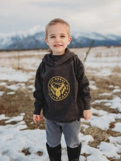 kids dark grey hoodie with pockets and yellow outdoor graphic
