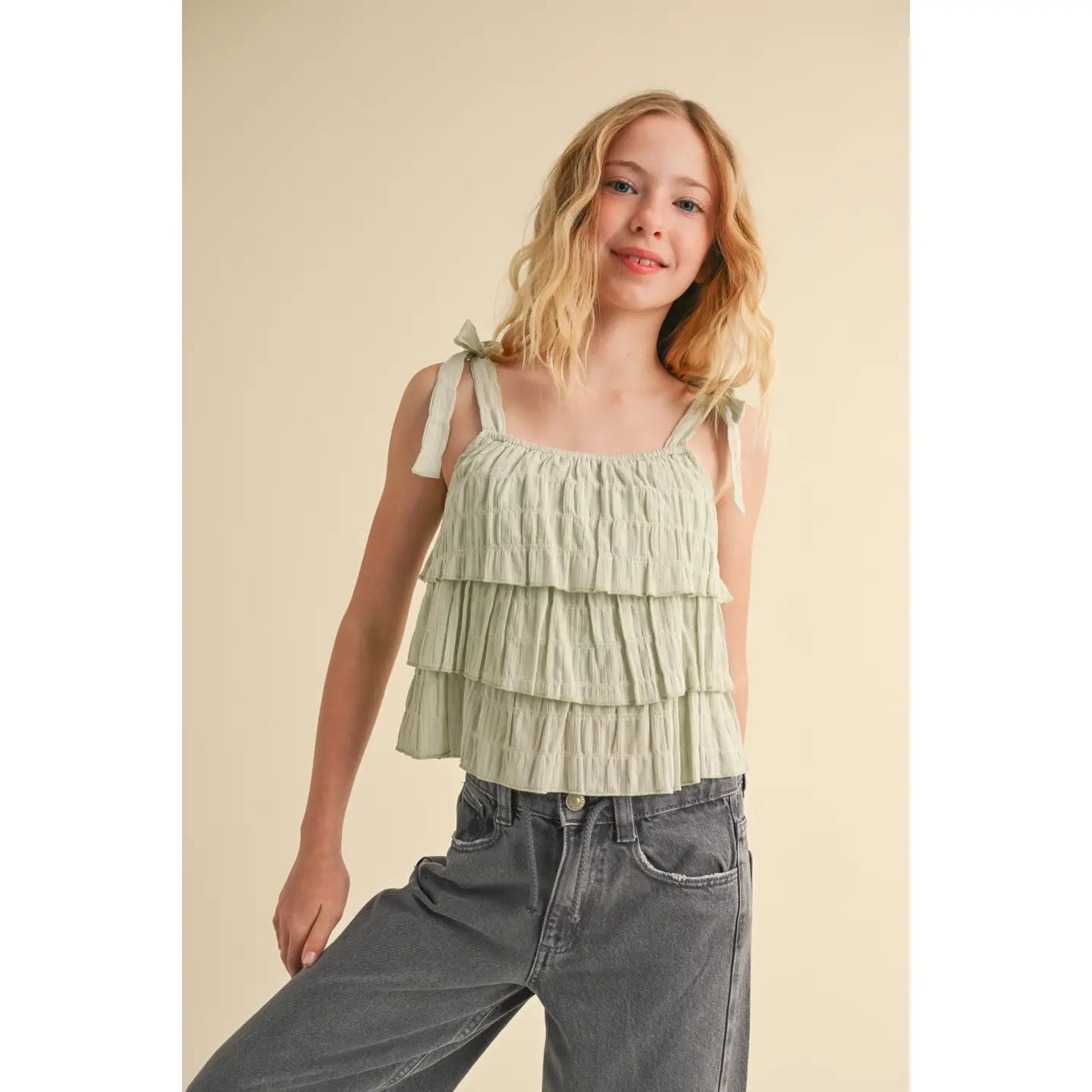 tween girls green tiered cotton summer shirt