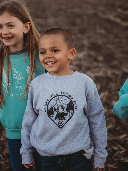 kids light grey sweatshirt with bear and mountain graphic