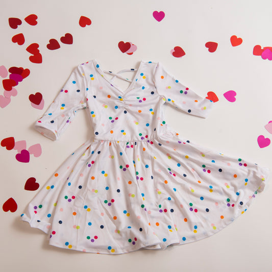 White Twirl Dress with Colored Polka Dots
