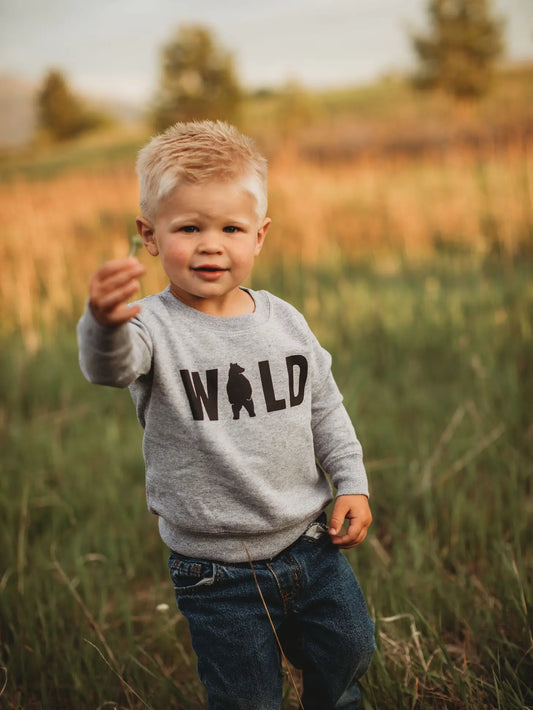 kids crew neck light grey sweatshirt with bear graphic