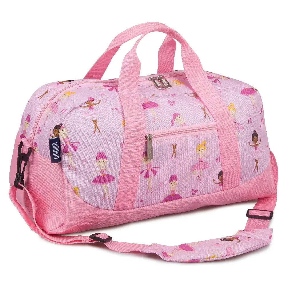 pink duffel bag with ballerinas on it, dance bag