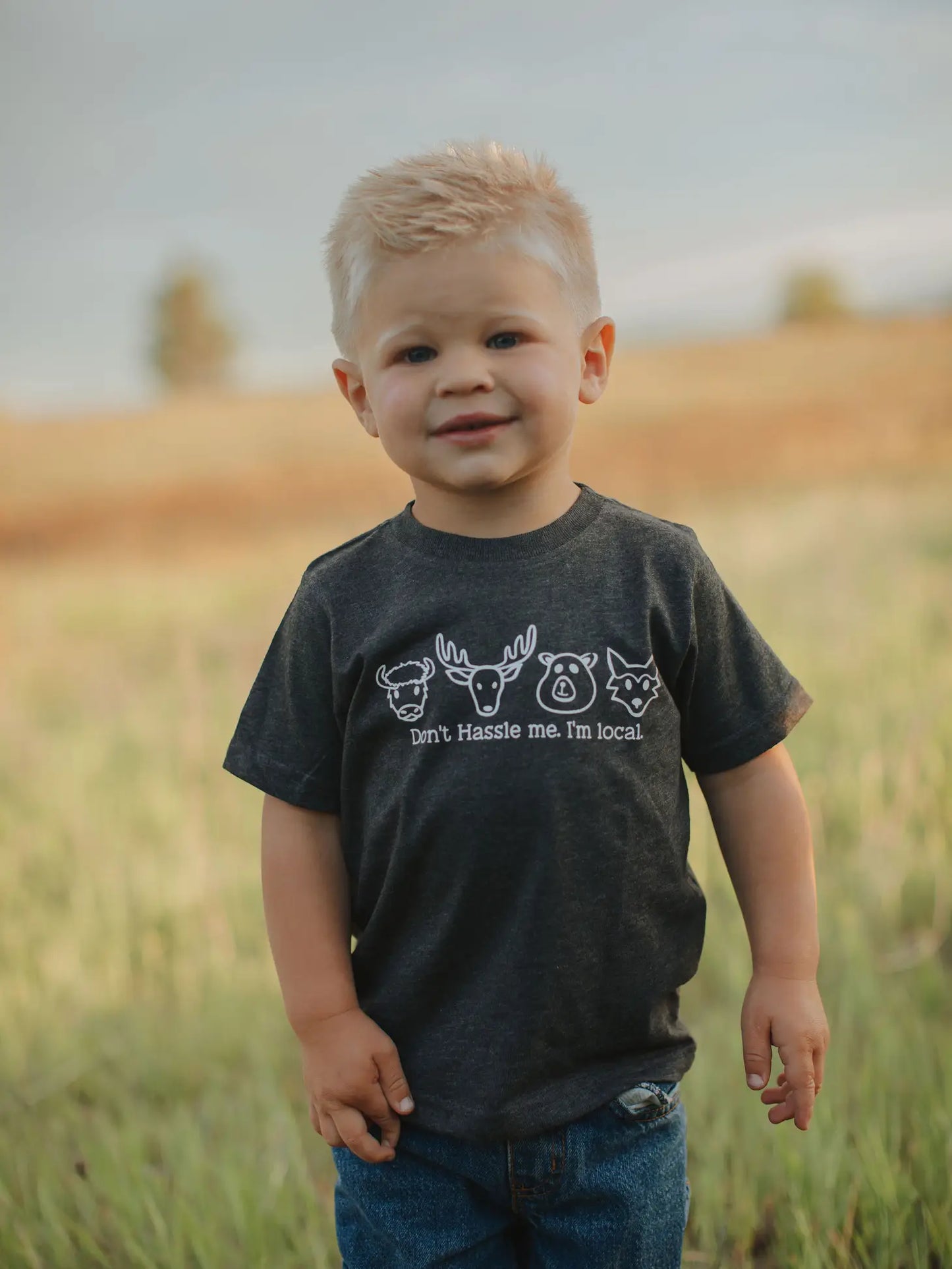 Childs soft cotton grey shirt with woodland creature graphic