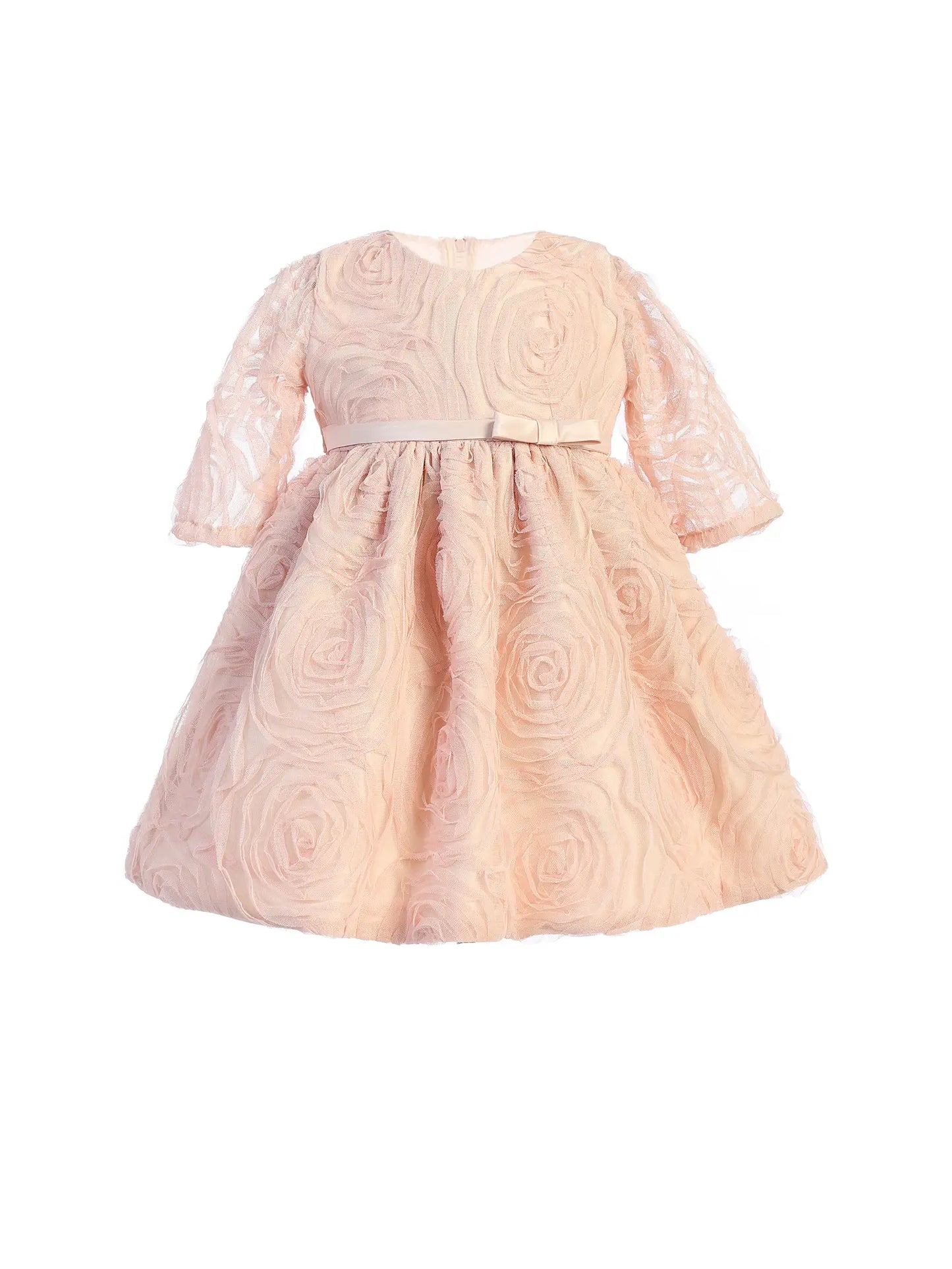 Baby - 3/4 Sleeve Rosette Mesh with Satin Dress