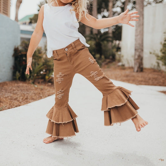 girls distressed jeans with flare bell bottoms