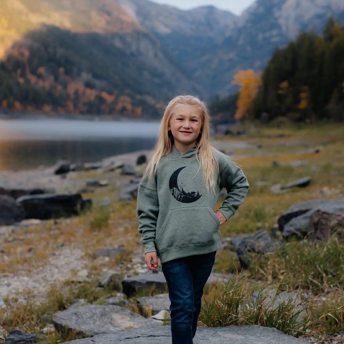children's hoodie with moon, mountain, and wildlife graphic. Perfect for camping or outdoors