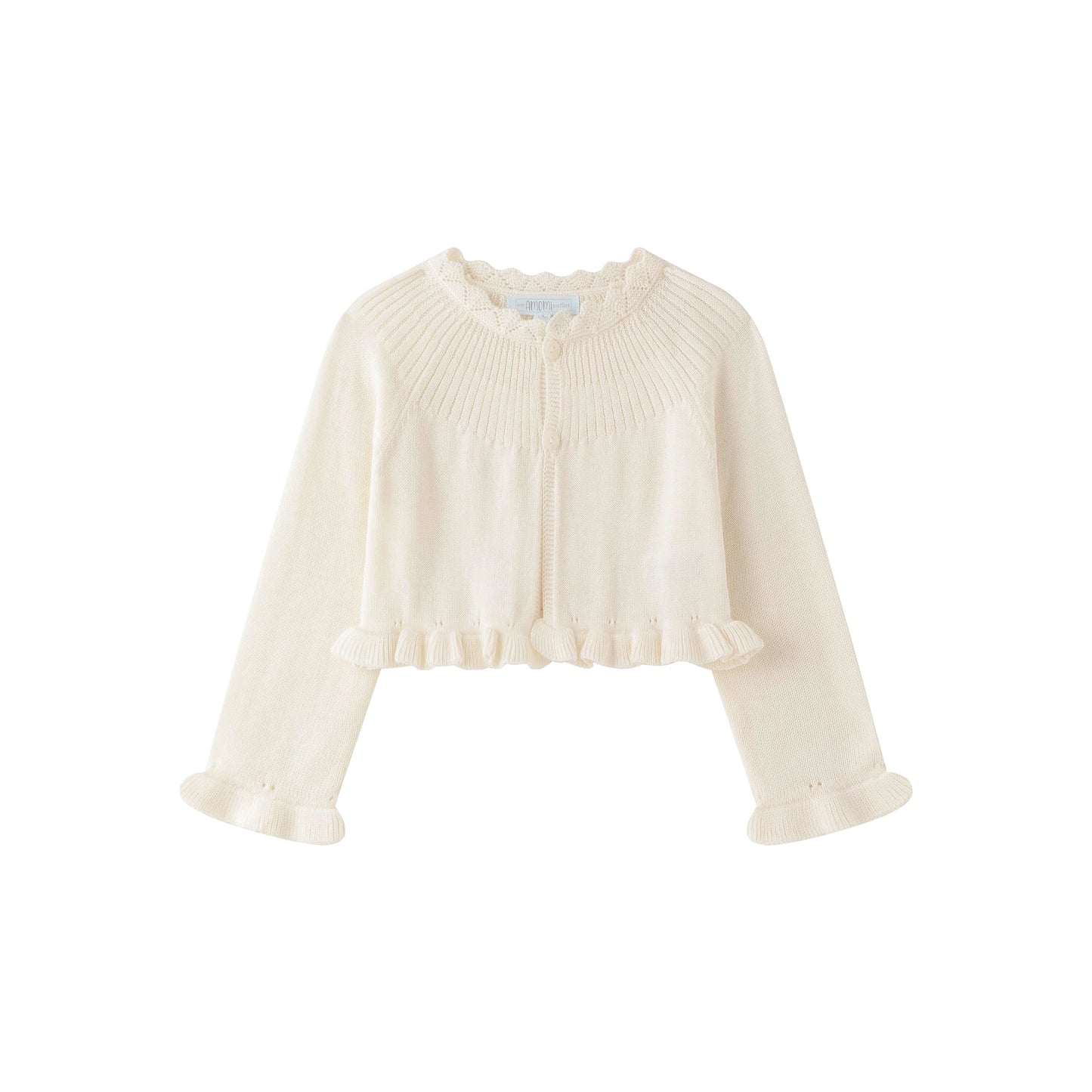baby girls cream color cardigan with 2 button closure and delicate crochet details on neck, sleeves, and bottom edge