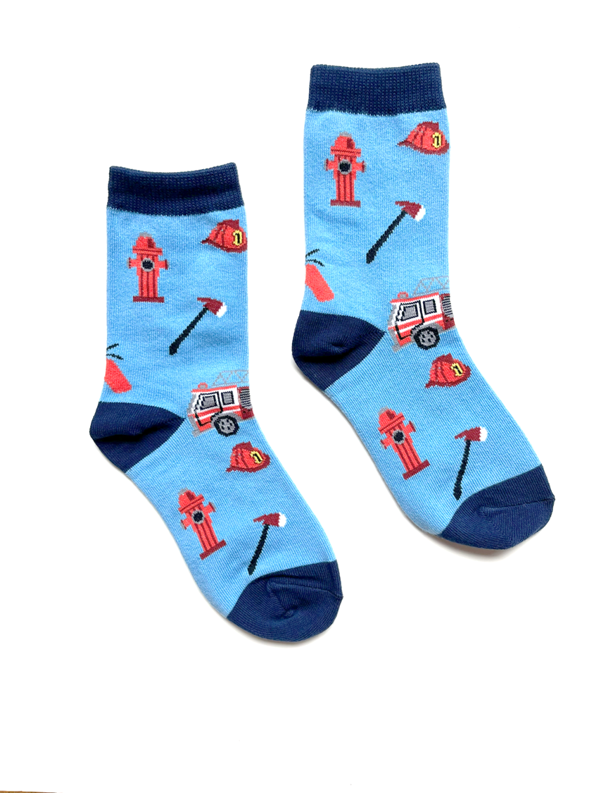blue kids socks with firetrucks on them