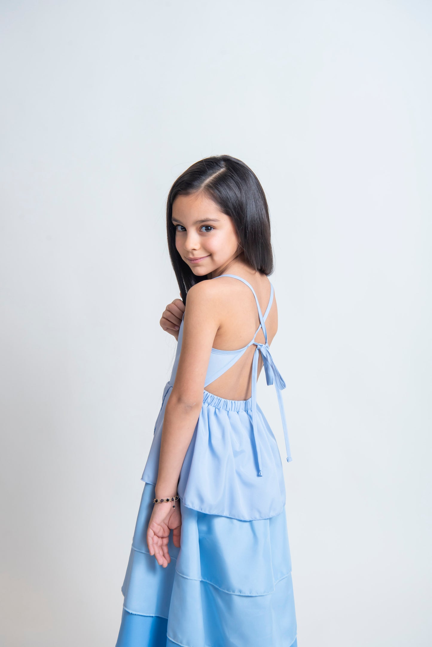 girl wears blue long dress