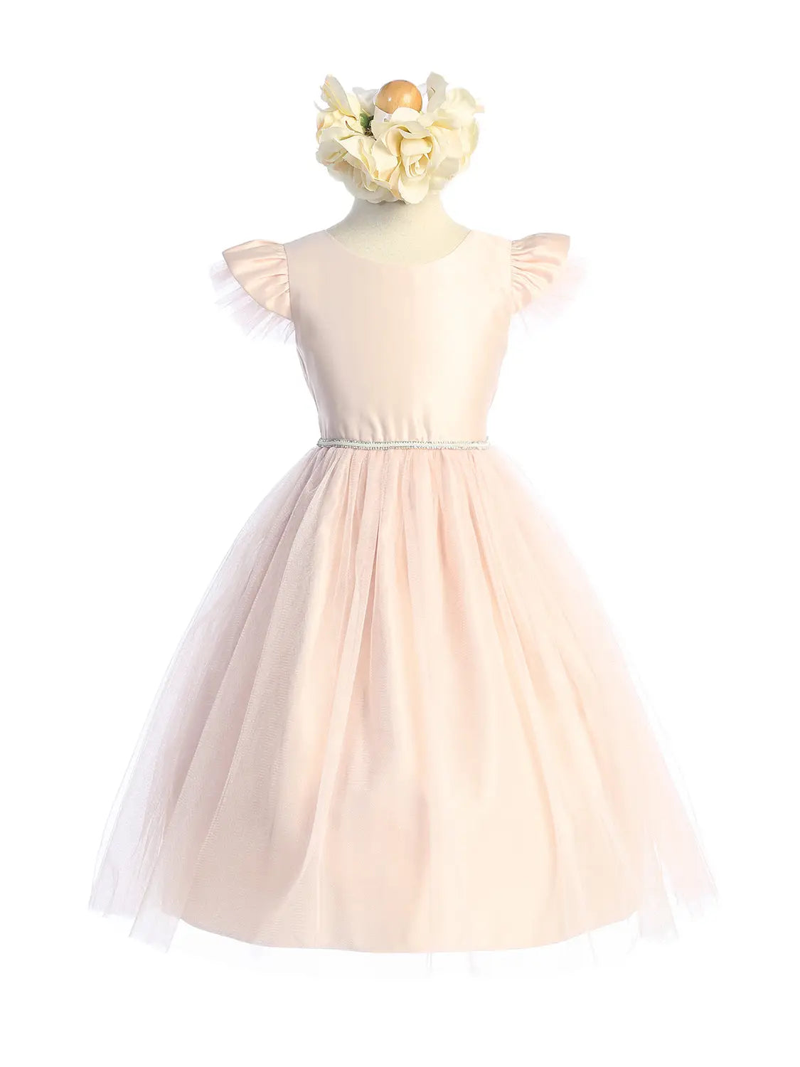 girls light pink special occasion dress with satin bodice with flutter sleeves and a tulle skirt with delicate rhinestones at the waist